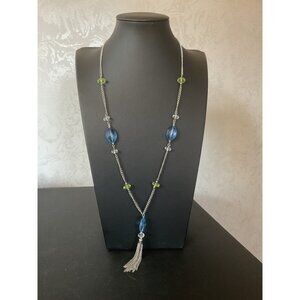 Long Silver Chain Necklace With Blue & Green Beads And Tassel Pendant 26"